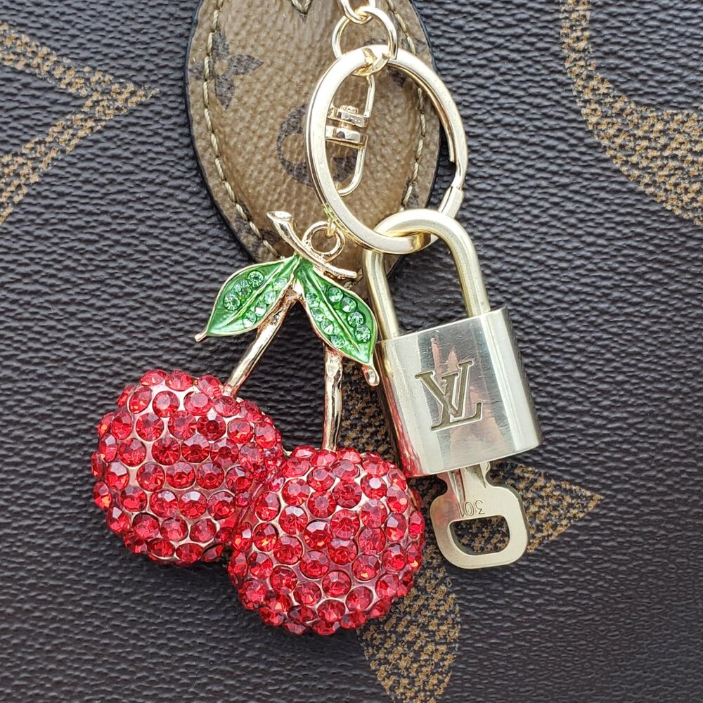 LV Gold Padlock Authentic 🔑 Luxury Bag Charm w/ Unbranded Fruit Keychain - Picture 8 of 10